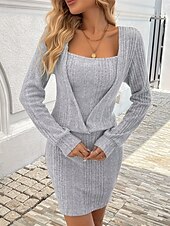 preiswerte Einfaches Kleid-Damen Minikleid Strickkleid Freizeitkleid Etui-Kleid Mode Outdoor Party Ferien Normale Passform Einfach Langarm Rundhalsausschnitt Hellgrau Herbst