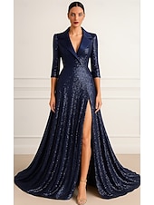ieftine Rochii de smoking-Rochie de smoking Linia -A Oficial Nuntă Invitat la nunta Sequin Strălucire Elegant Mânecă 3/4 plisată Lungime Podea revere crestate