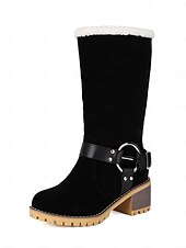 baratos Botas de neve e inverno-Botas femininas de camurça sintética com punho e fivela de pele de carneiro – botas casuais de inverno com salto grosso para atividades ao ar livre, viagens e looks aconchegantes