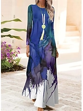 preiswerte Boho Kleid-Damen Maxikleid Shiftkleid A Linie Kleid Party Lässig Boho Täglich Date Ausgehen Normale Passform Ombre Grafik Batik Langarm Rundhalsausschnitt Rote Blau Orange Grün Frühling Herbst Winter