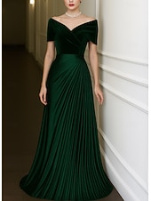 cheap Sheath Evening Dresses-Green Black Velvet A-Line Evening Gown Elegant Dress Formal Wedding Floor Length Short Sleeve Off Shoulder Satin with Pleats 2025