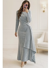 preiswerte Cocktailkleider-blau rot schwarz Etuikleid/Säule Abendkleid elegantes Kleid formalen Herbst knielang Langarm Rundhalsausschnitt Samt mit Falten gerafft 2025