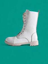 baratos Botas de combate-Botas de combate femininas brancas com cadarço e zíper lateral, calçados urbanos estilosos