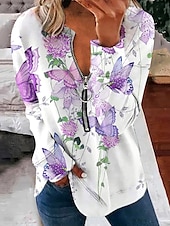 economico Top a Strisce e Geometrici-Per donna Felpa Pullover Felpe con cerniera Floreale Grafico Farfalla Moda Casual Manica Lunga Girocollo Scollo a V Top Regolari Streetwear Abbigliamento Quotidiano Cerniera Stampato Rosa Viola