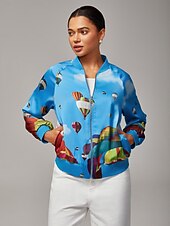 economico Giacche-Giubbotto bomber da donna con stampa a mongolfiera, collo a coste, foderato, elegante, casual, da indossare tutti i giorni, da lavoro, autunno