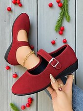 Women's Red Mary Jane Flats with Adjustable Buckle Strap, Comfortable Non-Slip Sole Casual Wear and Festive Christmas Outfits cheap Women's Christmas Shoes-Women's Red Mary Jane Flats with Adjustable Buckle Strap, Comfortable Non-Slip Sole Casual Wear and Festive Christmas Outfits