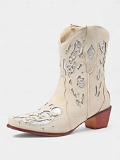 levne Cowboy &amp; Western Boots-Dámské tmavě hnědé krátké kovbojské boty do westernu s bílými vyšívanými vzory, špičatou špičkou a nízkým podpatkem pro country dance a ležérní outfity
