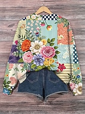 billige Blomstrete topper-Dame Pullover Blomstret Grafisk Varm Klassisk Fritid Langermet Crew-hals Vanlige topper Hjem Gate Hverdag Trykt mønster Gul Rosa Blå Grønn Høst Vinter