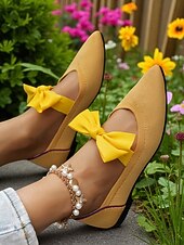 olcso Női lapos sarkú cipők-női sárga flyknit lapos talpú cipő masnival – légáteresztő, könnyű, hegyes orrú cipő mindennapi viseletre és piknikezésre