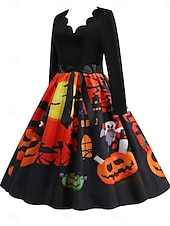 ieftine Rochie de Halloween-Rochie midi de Halloween pentru femei cu imprimeu de dovleac rochie în formă de A casual zi de zi vacanță croială regulată dovleac mânecă lungă guler în V galben albastru mov portocaliu vară