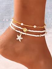 billiga Damarmband-3-delat pärlhängesset för kvinnor – guldlegering och vita pärlor med sjöstjärnor och snäckor, bohemiska strandsmycken för sommarsemester och vardagliga outfits