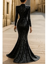 cheap Tuxedo Dresses-Women's Tuxedo Dress Mermaid Trumpet Mermaid Wedding Formal Wedding Guest Sequin Elegant Glittering Long Sleeve Floor Length Peak Lapel Double Breasted