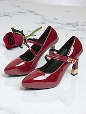 cheap Cocktail-Women&#039;s Burgundy Patent Leather Mary Jane Heels - Square Toe Dress Shoes with Double Straps for Cocktail Parties &amp; Evening Events