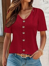 abordables Hauts en dentelle-Hauts en dentelle blancs élégants pour femmes Blouse en œillets Hauts quotidiens réguliers à manches courtes col en V Boutons Détente ample Hauts romantiques petits pour l&#039;été Vacances Blanc Rose