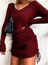 abordables Robes pull-Femmes Mini Robe Robe Pull Mode Moderne Extérieur Vacances Fête Coupe régulière Uni manche longue Col en V Noir Jaune Vin Vert foncé Automne