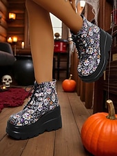 baratos Para mulheres-Botas femininas pretas plataforma com cadarço e caveira - botas góticas de cano curto com sola grossa para festas de outono, cosplay e dia dos mortos