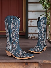 levne Cowboy &amp; Western Boots-Dámské modré kovbojské boty ve westernovém stylu s propracovanou výšivkou, špičatou špičkou a nízkým podpatkem pro country koncerty a rodeo styl