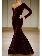 preiswerte Meerjungfrau Abendkleider-grün schwarz Meerjungfrau/Trompete Abendkleid elegantes Kleid formelle Hochzeit bodenlang langarm schulterfrei Samt mit Falten 2025