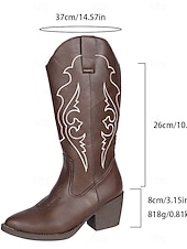abordables Cowboy y botas occidentales-Botas vaqueras estilo western para mujer, color marrón moca, con detalles bordados en blanco y tacones de bloque, estilo bohemio estilo western.