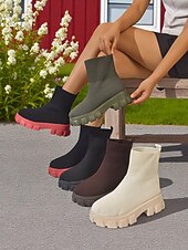 levne Kotníkové boty-Dámské černé ponožkové kozačky s robustní červenou podrážkou – stylové strečové pletené kotníkové boty na streetwear, podzimní a zimní outfity
