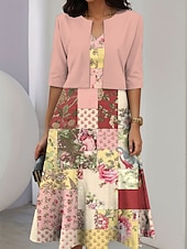 abordables Robe Fleurie-Femmes Robe Ensemble Robe trapèze Robe Midi Élégant Occasionnel Fleuri Graphique Patchwork Imprimé Robe Midi Demi Manches Col ras du cou Vacances Date Rose Claire Bleu Violet Été Printemps Coupe