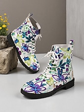 baratos Botas de combate-Botas de combate femininas com cadarço e estampa floral branca/roxa – botas casuais de cano curto com estampa floral colorida para uso diário, viagens e streetwear