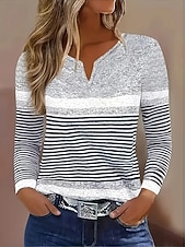 ieftine Tricou cu dungi și geometric-Pentru femei Tricou Grafic Geometric Dungi Epocă Stilat Clasic Manșon Lung În V Gât crestat Topuri obișnuite Zilnic Sfârșit de săptămână Imprimeu Negru și Alb Albastru Prăfuit Gri Primăvară Toamn