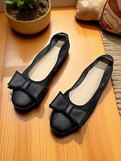 abordables Ballerines femme-Ballerines en similicuir crème pour femmes - chaussures à enfiler à bout rond avec bordure noire et nœud décoratif, chaussures confortables pour un usage décontracté, au bureau et au quotidien
