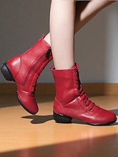 cheap Dance Boots-Women&#039;s Red Lace-Up Dance Boots - Soft Sole Ankle Boots with Side Zipper for Jazz, Practice and Performance