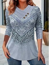 billige Boho t-skjorte-Dame T skjorte Grafisk Stripet Årgang Stilfull Fritid Langermet V-hals Vanlige topper Daglig Helg Knapper Trykt mønster Lysegrønn Blå Grønn Grå Høst Vinter