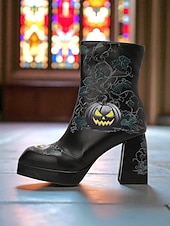 levne Pro ženy-Dámské kotníkové boty na platformě na halloween – černá umělá kůže s potiskem dýně, úzké podpatky a boční zip, strašidelný gotický styl pro kostýmní večírky, tematické akce a koledování.