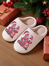 ieftine Flip-Flops de Damă-Papuci de Crăciun bej pentru femei, cu căptușeală plușată și imprimeu festiv cu dragoste – pantofi de iarnă confortabili pentru interior, pentru sărbători, acasă și cadouri