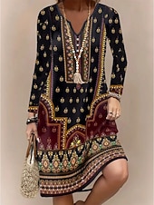 ieftine Rochie boho-Pentru femei Rochii Midi Rochie din Tricot Rochie casual Rochie A line Rochie de vară Boemia Epocă Fit regulat Floral Grafic Manșon Lung În V Negru Primăvară Toamnă Iarnă