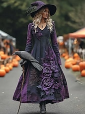 levne Halloweenské šaty-Halloween Dámské Maxi šaty Áčkové šaty prázdniny Na běžné nošení Cikánský Plážové Běžný Květinový Grafika Dlouhý rukáv Do V Světlá růžová Fialová Jaro Podzim