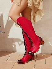 levne Cowboy &amp; Western Boots-vintage červené šněrovací westernové kovbojské boty - dámské kožené boty po kolena pro country a western akce