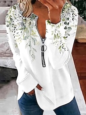 baratos Tops Listrados e Geométricos-Mulheres Moletom Moletons com zíper Floral Gráfico Moda Casual Manga Longa Gola Redonda Tops regulares Rua Dia a Dia Zíper Imprimir Verde Claro Rosa Roxo Outono Inverno