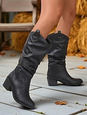 olcso Slouch Boots-női barna bő szárú, félvádrájú csizma – vastag sarkú, western stílusú csizma őszi divathoz, szabadtéri eseményekhez és hétköznapokra