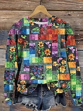billige Blomstrete topper-Dame Pullover Blomstret Grafisk Varm Klassisk Fritid Langermet Crew-hals Vanlige topper Hjem Gate Hverdag Trykt mønster Gul Rosa Blå Grønn Høst Vinter