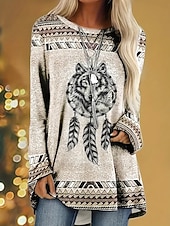 Damskie Podkoszulek Graficzny Zwierzę Plemienny Zabytkowe Elegancki Klasyczny Długi rękaw Półgolf Okrągły dekolt Zwykłe topy Codzienny Nadruk Khaki Szary Wiosna Jesień tanie T-shirt boho-Damskie Podkoszulek Graficzny Zwierzę Plemienny Zabytkowe Elegancki Klasyczny Długi rękaw Półgolf Okrągły dekolt Zwykłe topy Codzienny Nadruk Khaki Szary Wiosna Jesień