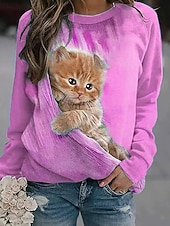 economico Animali Tops-Per donna Felpa Pullover Stampato Grafico Animale Gatto Casual Manica Lunga Girocollo Top Regolari Casuale Streetwear Ferie Blu Rosa Viola Arancione Verde Primavera Autunno Inverno