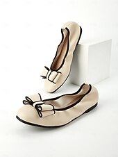 abordables Ballerines femme-Ballerines en similicuir crème pour femmes - chaussures à enfiler à bout rond avec bordure noire et nœud décoratif, chaussures confortables pour un usage décontracté, au bureau et au quotidien