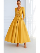preiswerte Abendkleider-Bind A-Linien Abendkleid Elegantes Kleid Formelle Hochzeitsgast Boden Länge 3/4 Länge Ärmel V-Ausschnitt Tasche Stretch Satin mit Schleife(n)