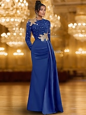 ieftine Rochii de seară pentru bal-Linia -A Rochii de seara Elegant Rochie formală Oficial Nuntă Lungime Podea Manșon Lung Stil Nautic Rochie de Mama Miresei sampanie Satin cu Strălucire Pliuri 2025