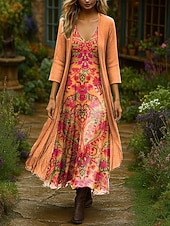 billiga Boho-klänning-Dam Klänning Set Maxiklänning A linjeklänning Sommarklänning Semester Boho Nyans Blommig Multi lager Mönster Maxiklänning 3/4 ärm V-hals Utomhus Dagligen Svart Rodnande Rosa Orange Sommar Vår Normal