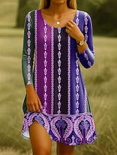 tanie Sukienka boho-Damskie Sukienka do kolan Sukienka dzianinowa Codzienne sukienki Sukienka t-shirtowa Sukienka letnia Codzienny Regularny Graficzny W Tureckie Wzory Długi rękaw Półgolf Rumiany róż Niebieski Fioletowy