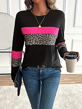 Femmes T-shirt Graphique Léopard Géométrique ancien Élégant Classique manche longue Col ras du cou Col rond Hauts Réguliers Quotidien Imprimé Rose Printemps Automne Hiver abordables T-shirt rayé et géométrique-Femmes T-shirt Graphique Léopard Géométrique ancien Élégant Classique manche longue Col ras du cou Col rond Hauts Réguliers Quotidien Imprimé Rose Printemps Automne Hiver