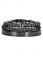 economico Gioielli da uomo-set di bracciali da uomo in acciaio inossidabile dorato: bracciale a 3 pezzi con corona di perline, polsino intrecciato e bracciale con numeri romani per abiti alla moda, feste e occasioni speciali
