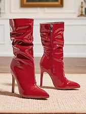levne Slouch Boots-Dámské červené lakované kotníkové boty na jehlovém podpatku z umělé kůže se zapínáním na zip - stylová obuv na podpatku pro každodenní nošení, do nočních klubů i na diskotéku