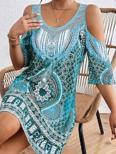 abordables Robes Bohémiennes-Femmes Robe Midi Robe bohème Classique Moderne Vacances Fête Sortir Coupe régulière Fleur Sans manches Col ras du cou Bleu Violet Marron Vert Automne