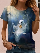 preiswerte Halloween Oberteile-Halloween Damen T Shirt Grafik Schädel Halloween Vintage Stilvoll Klassisch Kurzarm Rundhalsausschnitt Normale Oberteile Täglich Wochenende Druck Schwarz Rote Leicht Braun Blau Orange Herbst Winter